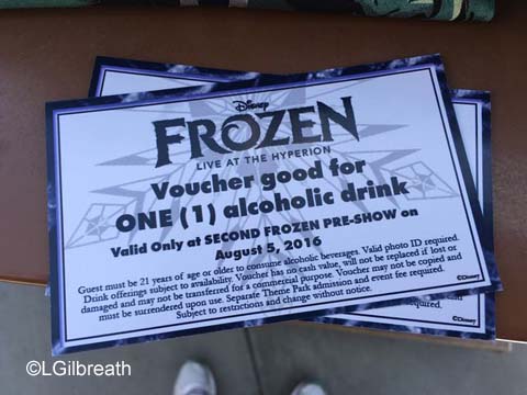 Frozen Pre-show drink vouchers