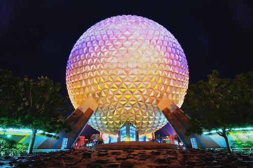 Nighttime HDR of Spaceship Earth in Epcot's Future World, Walt Disney World, Orlando, Florida