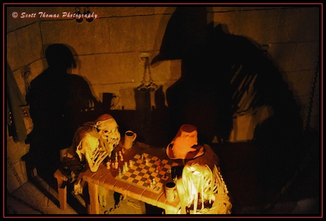 Skeletons playing chess in the Pirates of the Caribbean queue in the Magic Kingdom, Walt Disney World, Orlando, Florida.