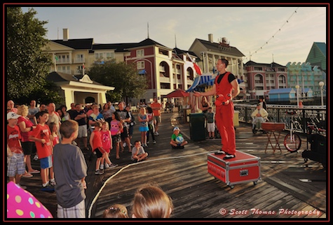 Cool Hand Luke Juggling Show entertaining guests on The Boardwalk, Walt Disney World, Orlando, Florida.