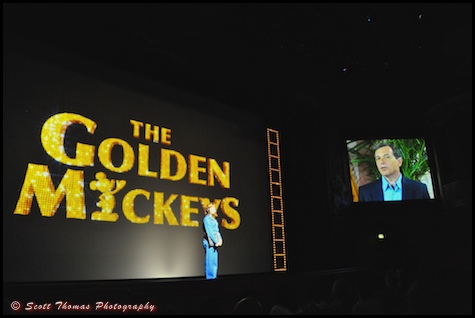 Disney CEO Robert Iger makes a video appearance at the start of the Golden Mickeys show in the Walt Disney Theatre.