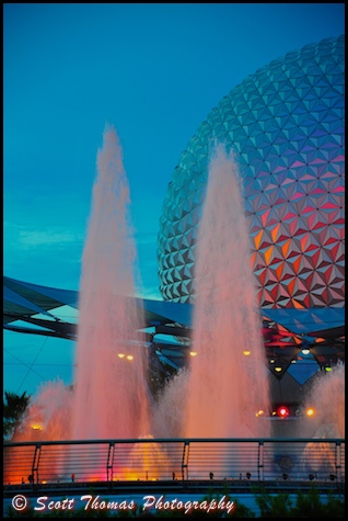 Innovention Fountain with Spaceship Earth in Epcot's Future World, Walt Disney World, Orlando, Florida