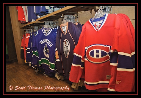 National Hockey League team jerseys of all the Canadian teams in Trading Post and Northwest Mercantile store of the Canada pavilion in Epcot's World Showcase, Walt Disney World, Orlando, Florida