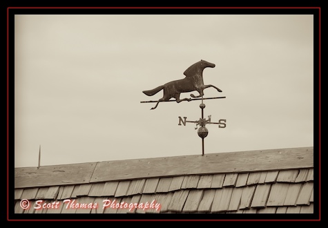 The horse weather vane on top of the Haunted Mansion's carriage house in the Magic Kingdom, Walt Disney World, Orlando, Florida