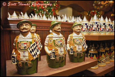 Beer steins in Germany's Der Bucherwurm shop in Epcot's World Showcase, Walt Disney World, Orlando, Florida