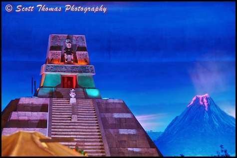 The Aztec temple and volcano which looms over the San Angel Inn restaurant inside the Mexico pavilion in Epcot's World Showcase, Walt Disney World, Orlando, Florida