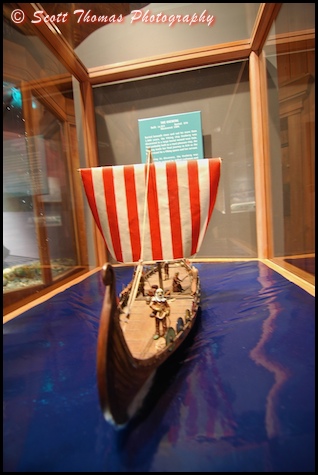 A model of The Oseberg longship is in the Viking Exhibit inside the Stave Church replica in Epcot's World Showcase Norway pavilion, Walt Disney World, Orlando, Florida