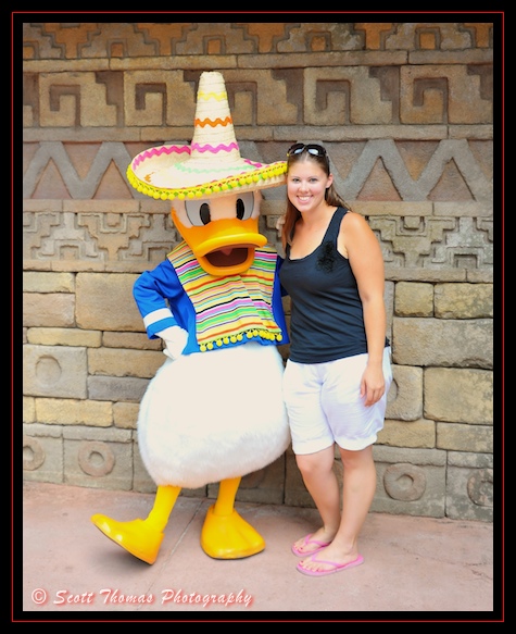 Sombrero wearing Donald Duck in Mexico's character Meet and Greet location in Epcot's World Showcase, Walt Disney World, Orlando, Florida