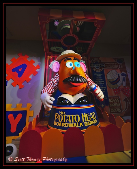 Mr. Potato Head greets guests in the Toy Story Mania queue in Disney's Hollywood Studios, Walt Disney World, Orlando, Florida