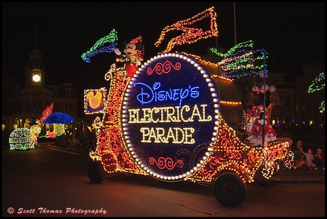 Main Street Electrical Parade title float with Mickey Mouse in the Magic Kingdom, Walt Disney World, Orlando, Florida