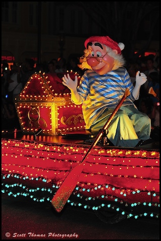Mr. Smee rowing in the Main Street Electrical Parade in the Magic Kingdom, Walt Disney World, Orlando, Florida