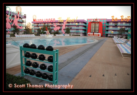 Pop Century Resort's 1950's building and pool, Walt Disney World, Orlando, Florida
