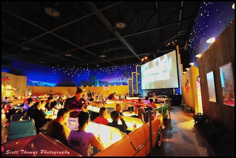 Guests enjoying a meal at the Sci-Fi Dine-In Theater in Disney's Hollywood Studios, Walt Disney World, Orlando, Florida.