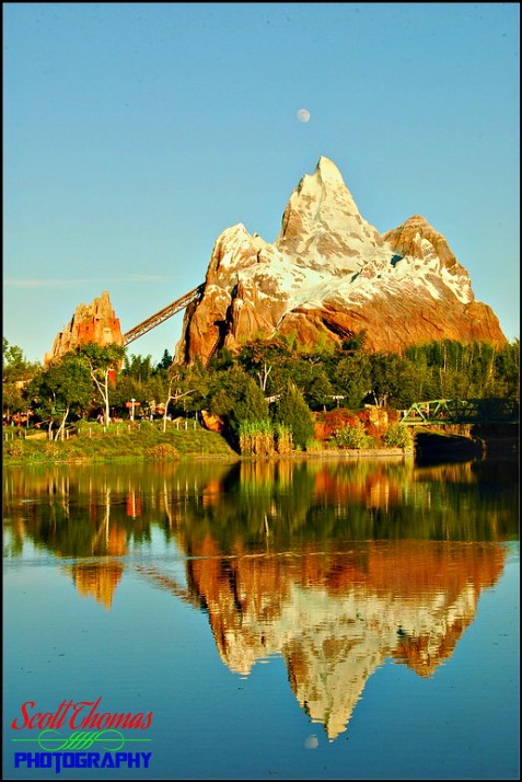 Expedition EVEREST and Moon reflected in the water at Disney's Animal Kingdom , Walt Disney World, Orlando, Florida