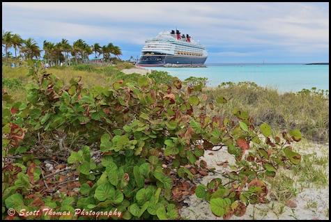 Disney Magic cruise ship moored at Castaway Cay, Bahamas