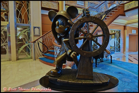 Helmsman Mickey statute in the lobby of the Disney Magic cruise ship, Port Canaveral, Florida