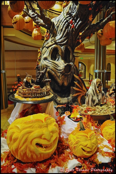 Elaborately carved pumpkins accompany the Pumpkin Tree on the Disney Dream, Disney Cruise Line
