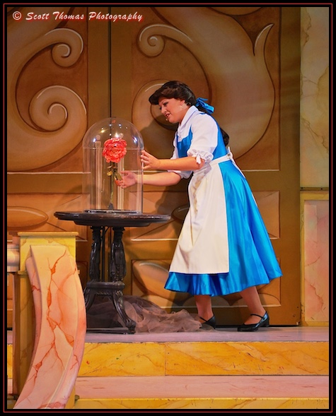Belle with the magic rose in Beauty and the Beast, Live On Stage in Disney's Hollywood Studios, Walt Disney World, Orlando, Florida
