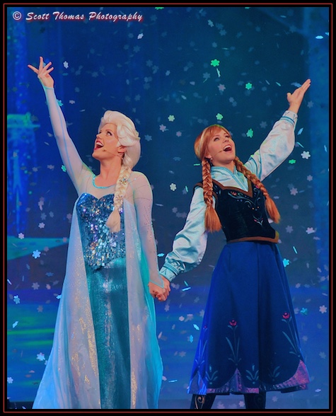 Elsa and Anna sing in the For the First Time in Forever: A Frozen Sing-Along Celebration Show at Disney's Hollywood Studios, Walt Disney World, Orlando, Florida