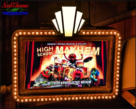 Poster for High School Mayhem in the queue for MuppetVision 3-D at Disney's Hollywood Studios, Walt Disney World, Orlando, Florida