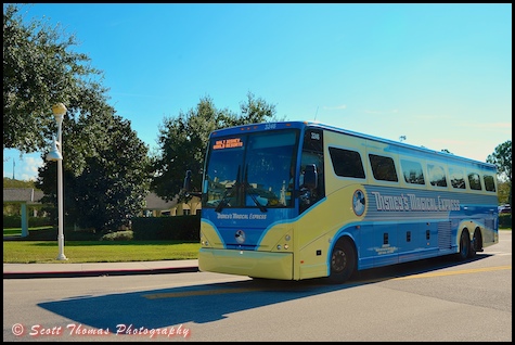 Disney's Magical Express Bus near Disney's Boardwalk Resort, Walt Disney World, Orlando, Florida.
