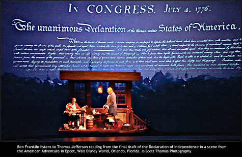 Ben Franklin listens to Thomas Jefferson reading from the final draft of the Declaration of Independence in a scene from the American Adventure in Epcot, Walt Disney World, Orlando, Florida