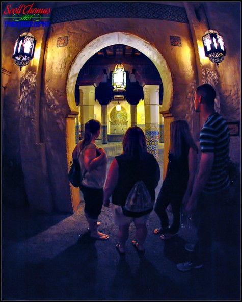 People looking into the Fez House at the Morocco pavilion of Epcot's World Showcase, Walt Disney World, Orlando, Florida