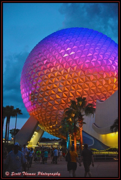Spaceship Earth at dusk in Epcot's Future World, Walt Disney World, Orlando, Florida