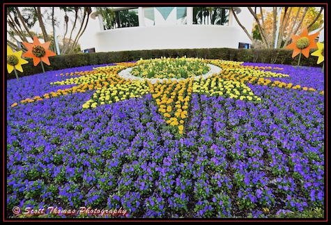 Flower garden behind Spaceship Earth in Epcot, Walt Disney World, Orlando, Florida