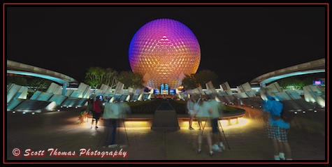 Spaceship Earth at night in Ecpot's Future World, Walt Disney World, Orlando, Florida