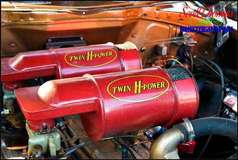 Twin H-Power dual carburetors of a 1951 Hudson Hornet photographed near Syracuse, New York
