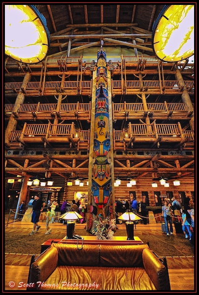 The Raven totem pole in the lobby of Disney's Wilderness Lodge Resort, Walt Disney World, Orlando, Florida