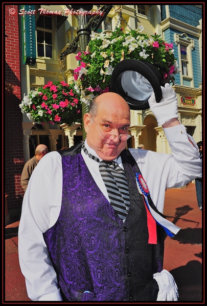 Town councilor greeting people on Main Street USA in the Magic Kingdom, Walt Disney World, Orlando, Florida