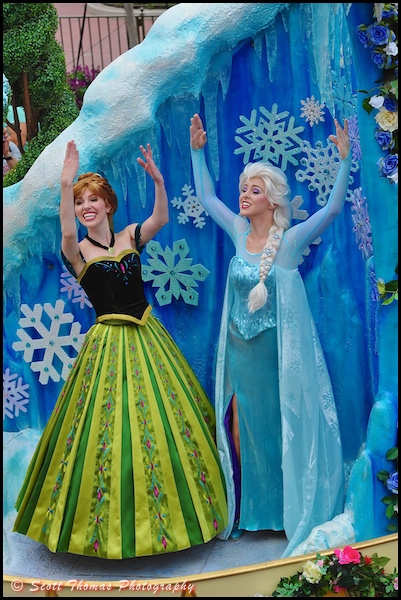 Princess Anna and Queen Elsa on the Princess Garden float in the Festival of Fantasy parade in the Magic Kingdom, Walt Disney World, Orlando, Florida