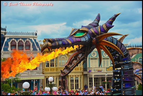 Maleficent Dragon breathing fire in the Festival of Fantasy parade in the Magic Kingdom, Walt Disney World, Orlando, Florida