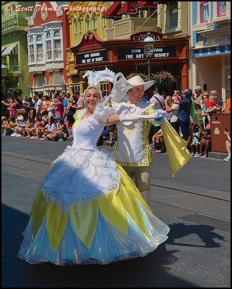 Dancing couple preceeding the Princess Garden float in the Festival of Fantasy parade at the Magic Kingdom, Walt Disney World, Orlando, Florida
