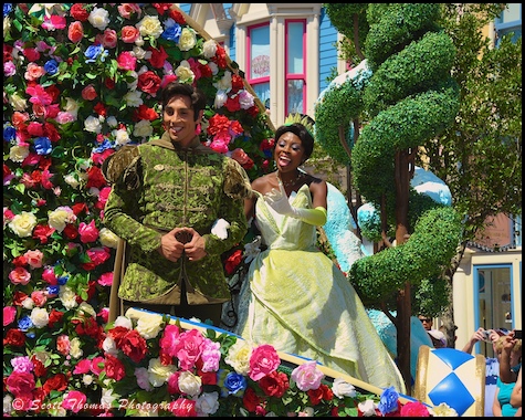 Tiana and Prince Naveen on the Princess Garden float in the Festival of Fantasy parade in the Magic Kingdom, Walt Disney World, Orlando, Florida