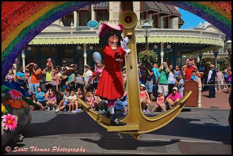 Captain Hook below the Peter Pan float in the Festival of Fantasy parade in the Magic Kingdom, Walt Disney World, Orlando, Florida