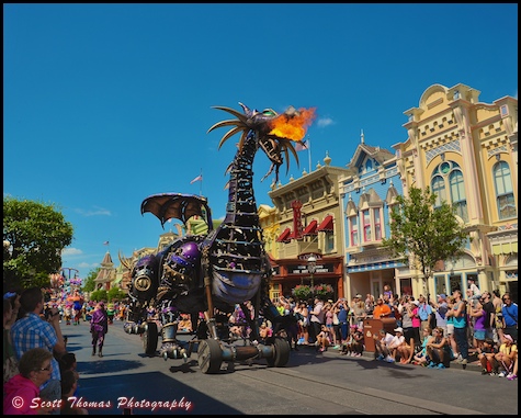 Maleficent Dragon breathing fire on Main Street USA in the Festival of Fantasy parade in the Magic Kingdom, Walt Disney World, Orlando, Florida