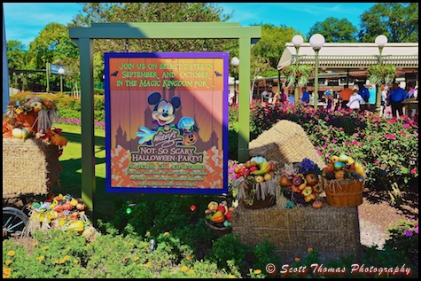Sign outside the Magic Kingdom entrance advertising Mickey's Not So Scary Halloween Party, Walt Disney World, Orlando, Florida