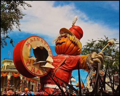 Drummer Scarecrow on Town Square in the Magic Kingdom, Walt Disney World, Orlando, Florida.