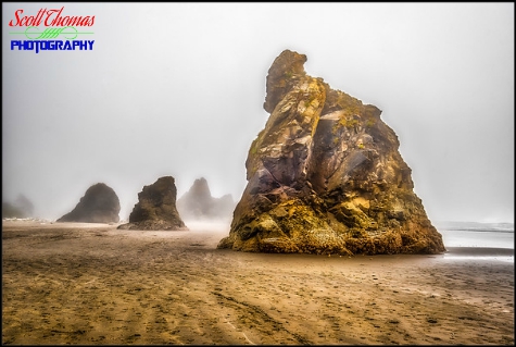 Sea stacks loom out of the fog on Ruby Beach in Olympic National Park near Forks, Washington