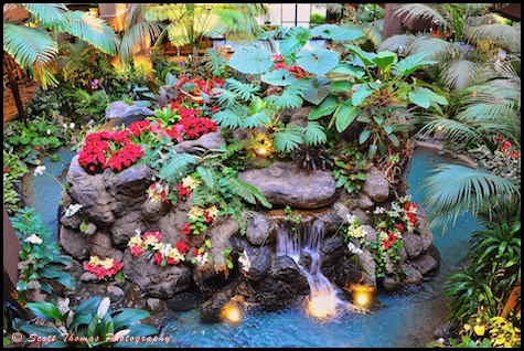 Disney's Polynesian Resort lobby waterfalls at Christmas, Walt Disney World, Orlando, Florida.