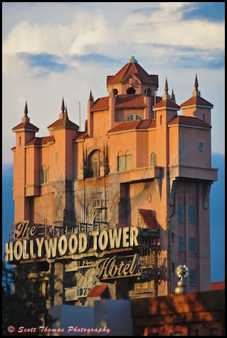 The Twilight Zone Tower of Terror in golden sunshine at Disney's Hollywood Studios, Walt Disney World, Orlando, Florida
