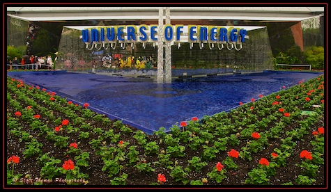 Rain drops in the pool in front of the Universe of Energy in Epcot's Future World, Walt Disney World, Orlando, Florida