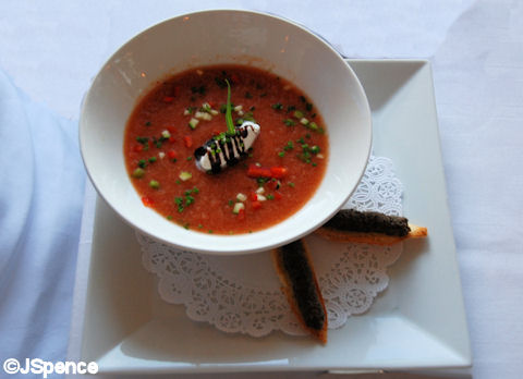 Chilled Tomato Soup with Cilantro and Tapenade Toast 