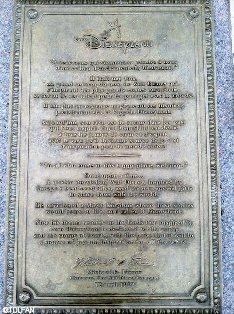 Disneyland Paris Dedication Plaque