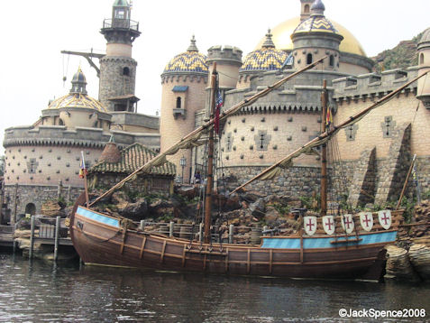 An old sailing ship in Fortress Explorations Mediterranean Harbor at Tokyo DisneySea