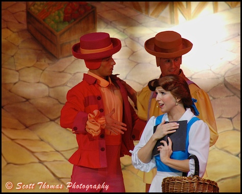 Belle singing during the opening number of Beauty and the Beast, Live on Stage in Disney's Hollywood Studios, Walt Disney World, Orlando, Florida
