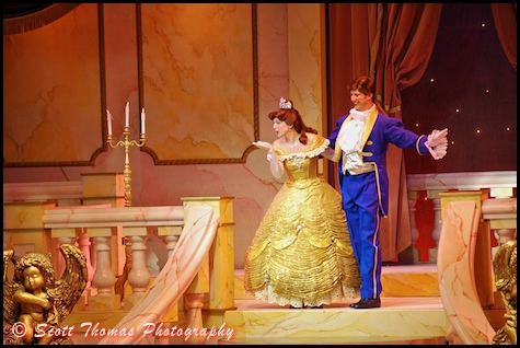 Belle blowing a kiss to the audience at the end of the Beauty and the Beast, Live on Stage in Disney's Hollywood Studios, Walt Disney World, Orlando, Florida